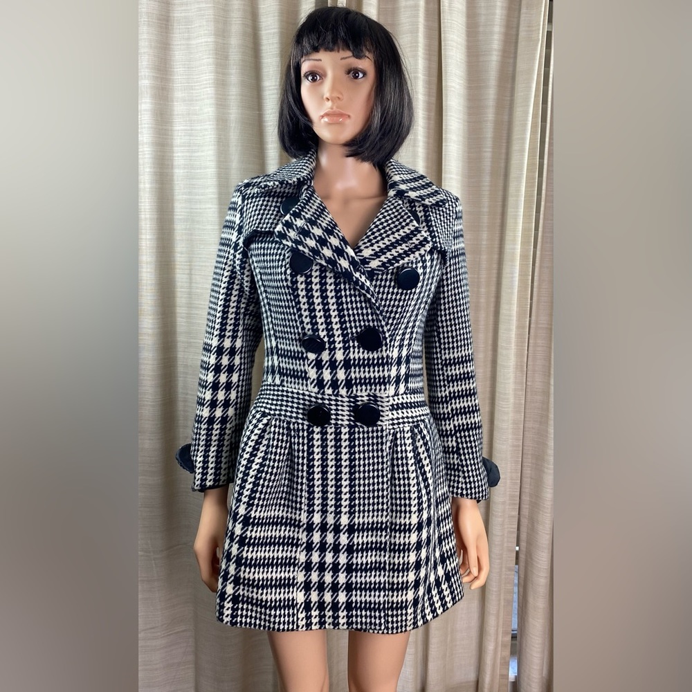 SZ 4 Vintage Paid Houndstooth Black and White Wool Peacoat By PS